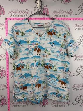Scrubstar T-shirt Penguin & Moose Winter Print Medical Scrub Top - Light Blue